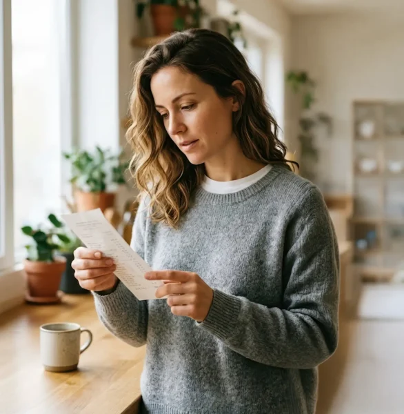 Vrouw leest haar hulpmiddelen recept.