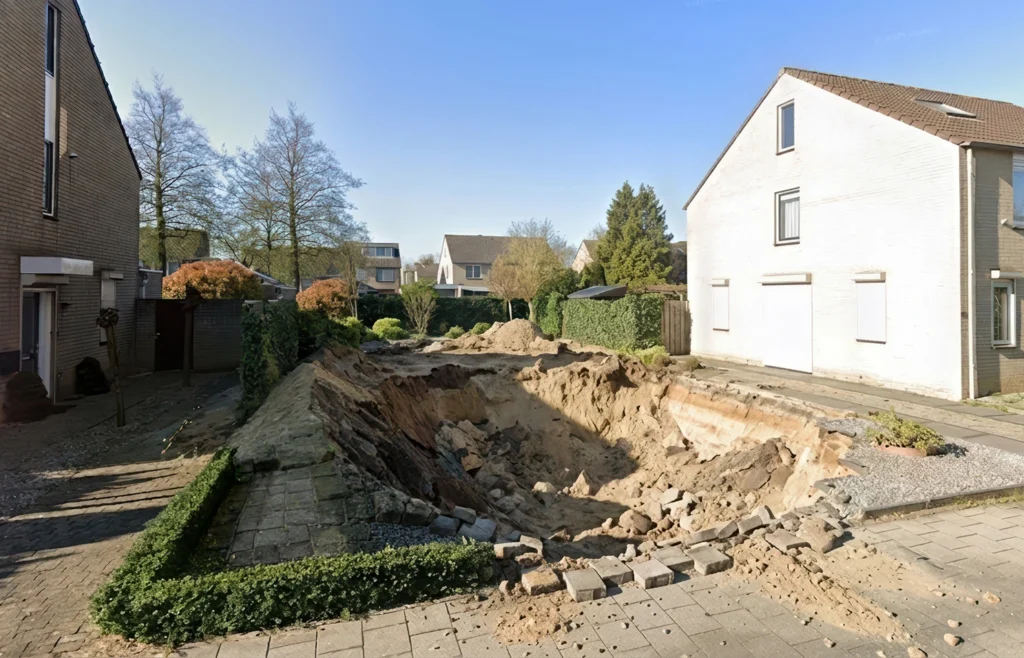 Foto van een gat in de grond waar een huis had moeten staan.